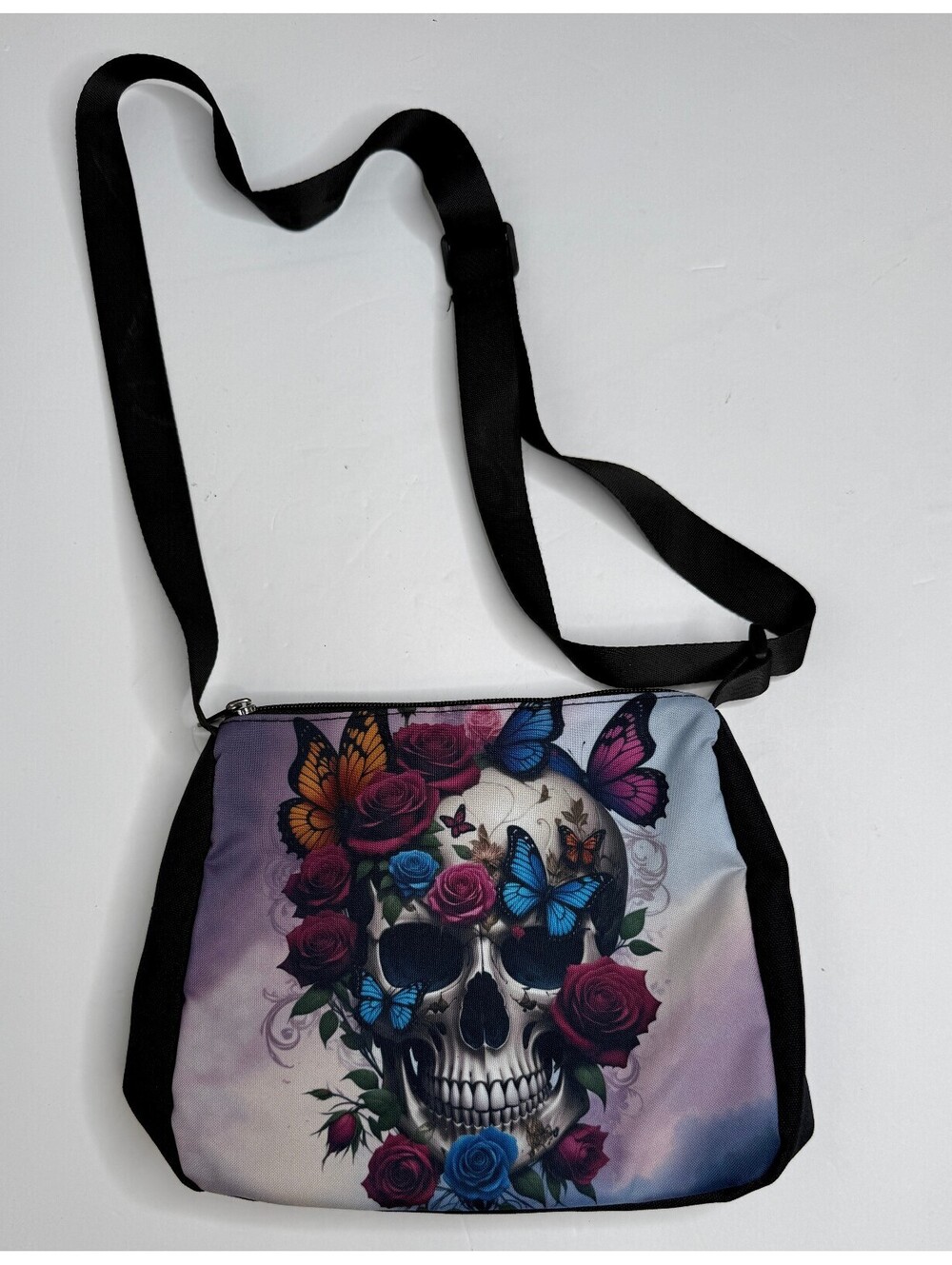 Gothic Skull Roses Butterflies Crossbody Bag Colorful Purse